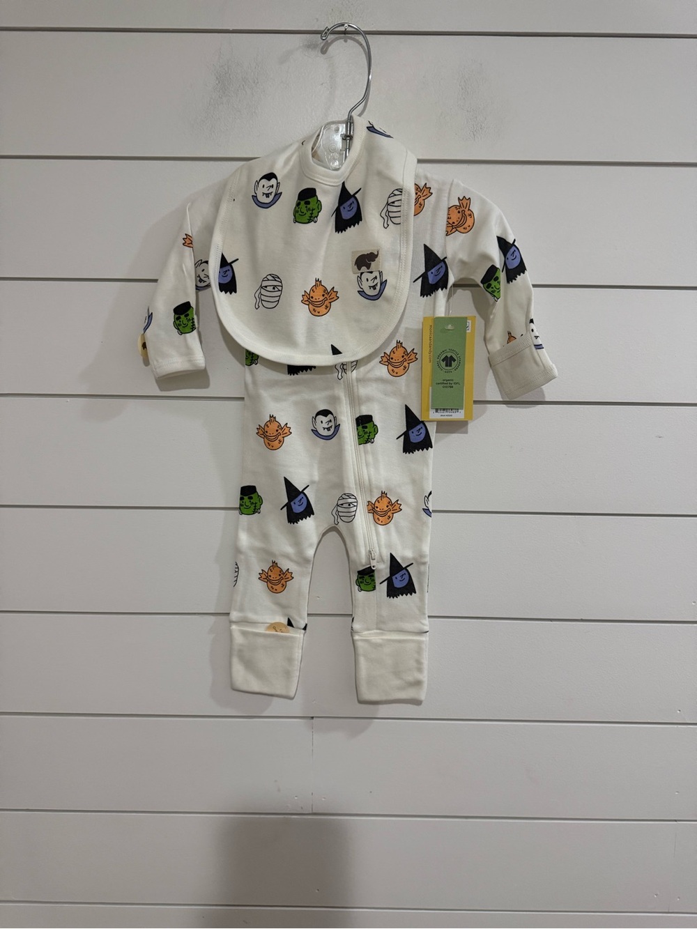 Baby Halloween Organic Cotton Character Print One-Piece with Bib - White